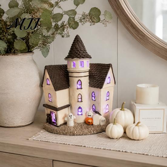 Decorative Mantelpiece Items Vintage Light-Up Cottage Halloween Decoration, Gothic Ghost Pumpkin Village House Miniature for Dioramas Figurine,