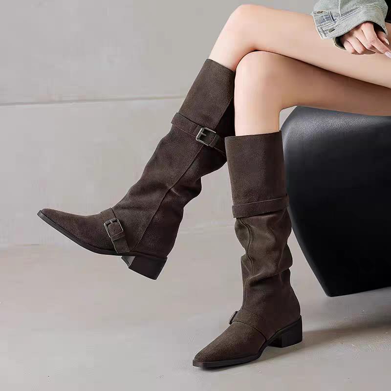 Fashion New Style Fashion Women's High Heel Western Cowboy Knee-high Boots Suede Women's Pointed Toe Warm Button Long Boot Zapatos Mujer