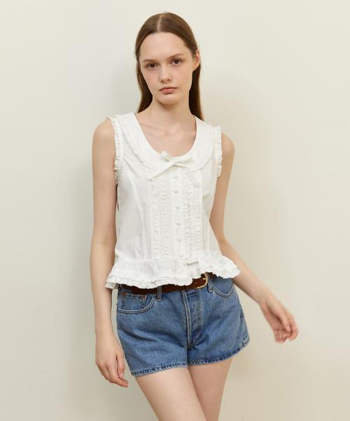 LADY VOLUME Vintage Floral Collar Blouse_White