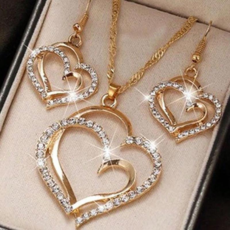 Sparkling  Double-Layer Hollow Heart-Shaped Pendant Necklace Women'S Temperament Versatile Jewelry Set