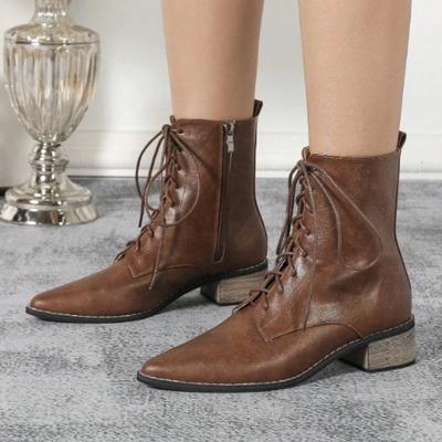 Szpiczaste sznurowane botki na grubej podeszwie do kostki dla kobiet modne zapinane z boku w brytyjskim stylu botki na platformie Botas Para Mujer