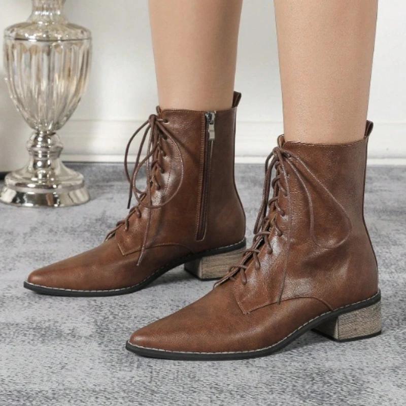 Pointed Toe Lace Up Chunky Root Ankle Boots for Women Fashion Side Zipper British Style Platform Short Boots Botas Para Mujer