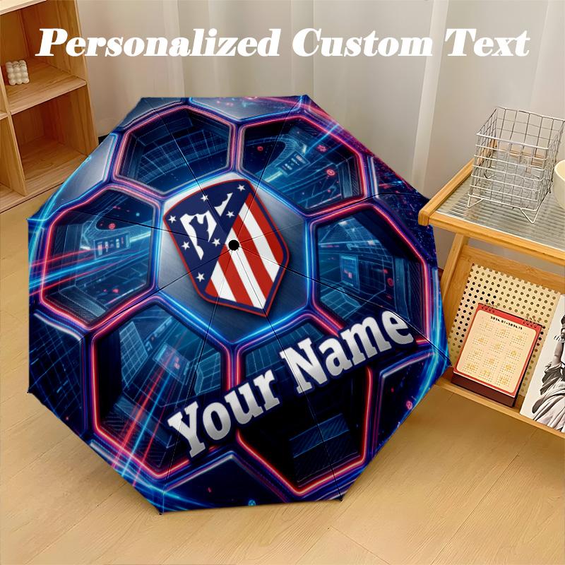 8 Rib Auto Folding Umbrella Atletico Madrid Print Custom Name Text Portable Rain Gear