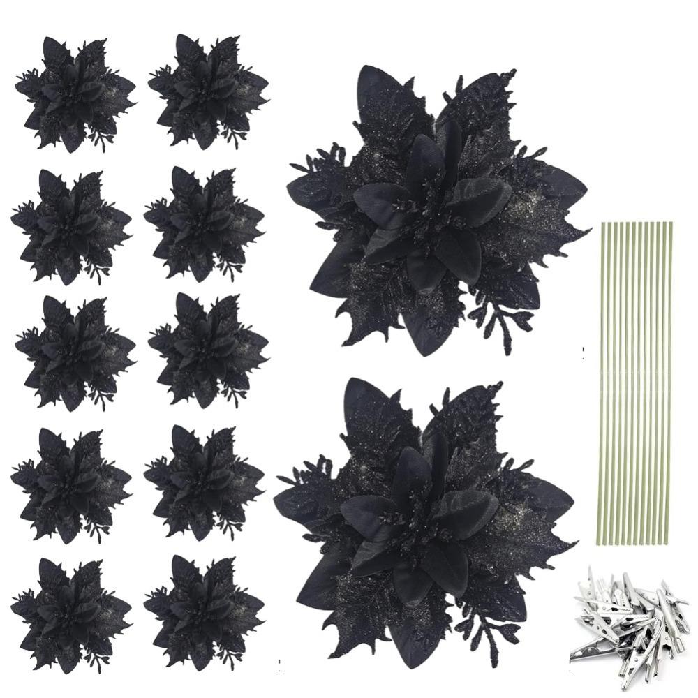 12Pcs With Clips Glitter Xmas Tree Ornaments Multi-color Christmas Floral Decorations  Wedding Decor