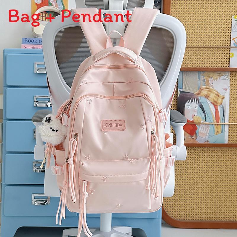Girls School Backpack With Solid Color And Bow Embroidery Design For Middle School