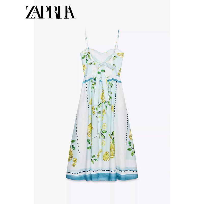 Zaprha 2025 New Arrival Casual Summer Lemon Printing Cotton Poplin Waist Trimming Spaghetti Straps Dress 3454347