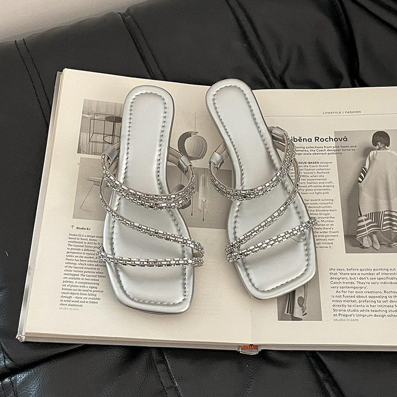 French low-heeled temperament cool slippers fairy shoes summer wear strap slippers combination rhinestone wedge sandals woman
