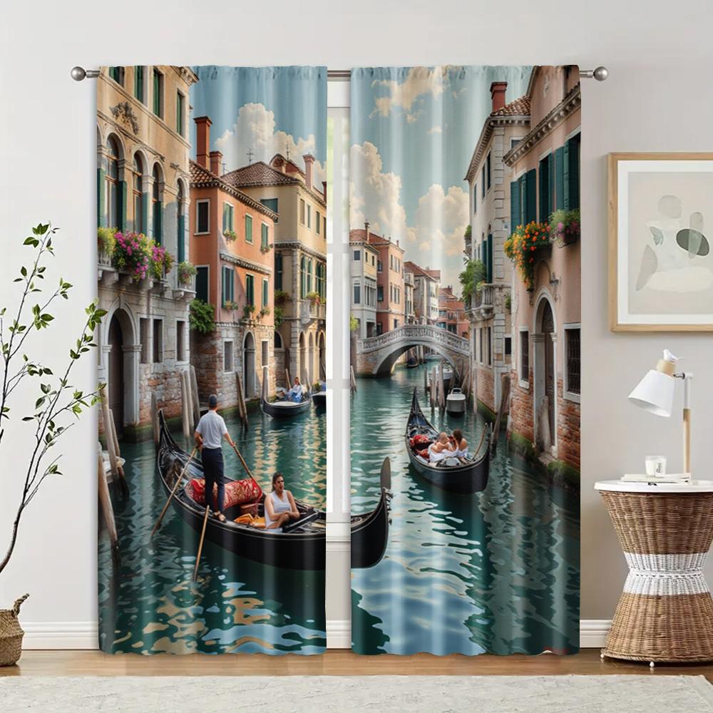 

2 шт., фильтрующие шторы (исключая удилища, неподвижный, без батареек) Венецианский пейзаж для использования в спальнях и гостиных 29x65in(75x166cm)