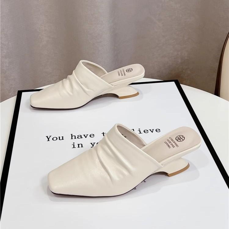 Fashion On A Wedge Shoes Woman 2025 Female Slippers Square Toe Beige Heeled Sandals Luxury Slides New Cover Black Designer Pleated