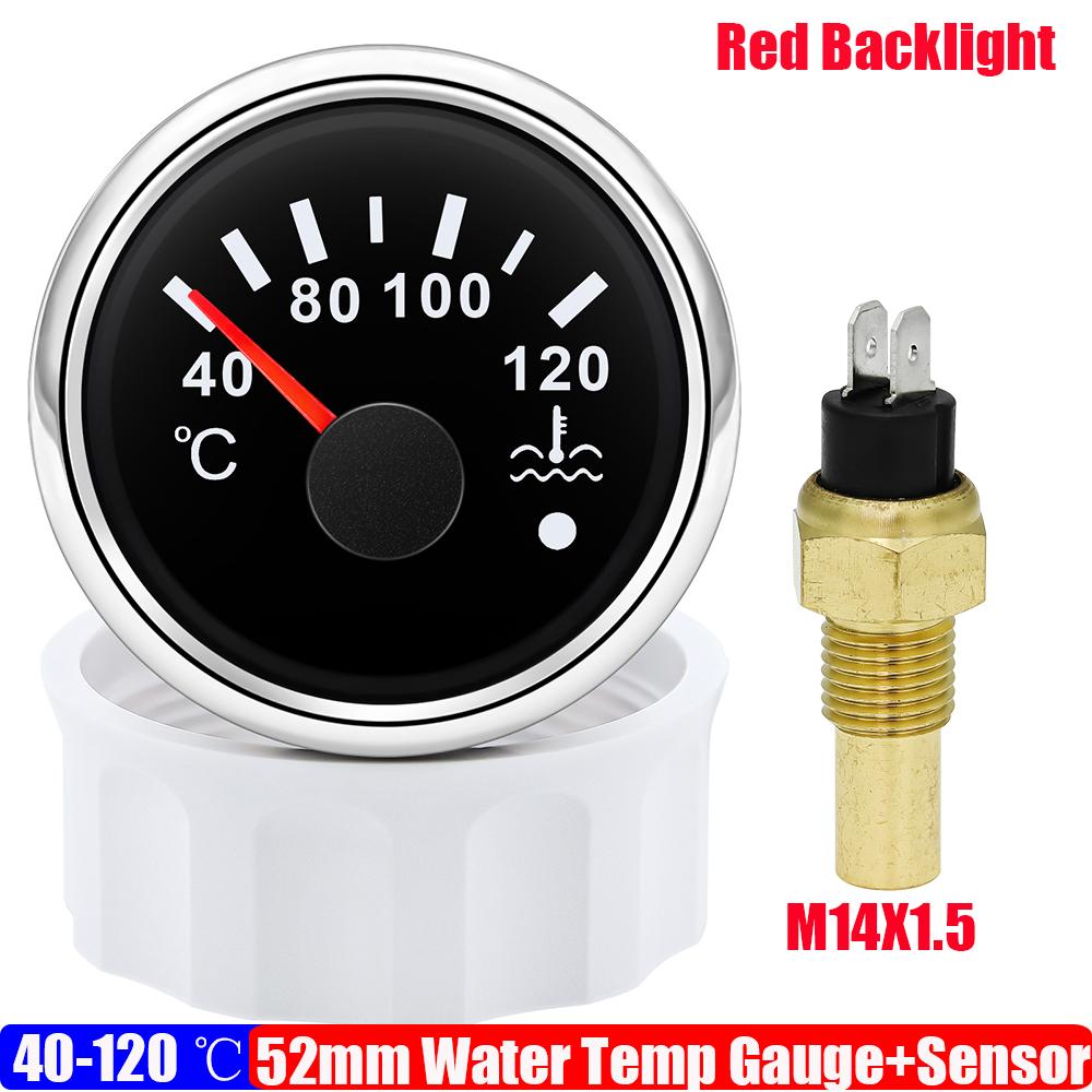 40~120 Celsius 52mm Water Temperature Gauge+Sensor with Flash Alarm Waterproof Red Light Water Temp Meter for Car Boat 12V 24V