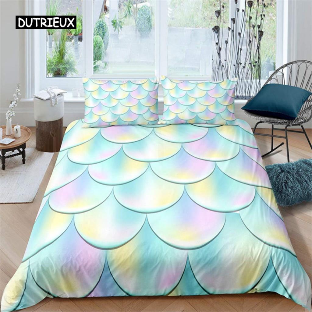 Färgglatt påslakan med sjöjungfruskal, tryck med fiskfjäll, sängklädesset King Full för barn pojkar flickor, havstema, täcköverdrag