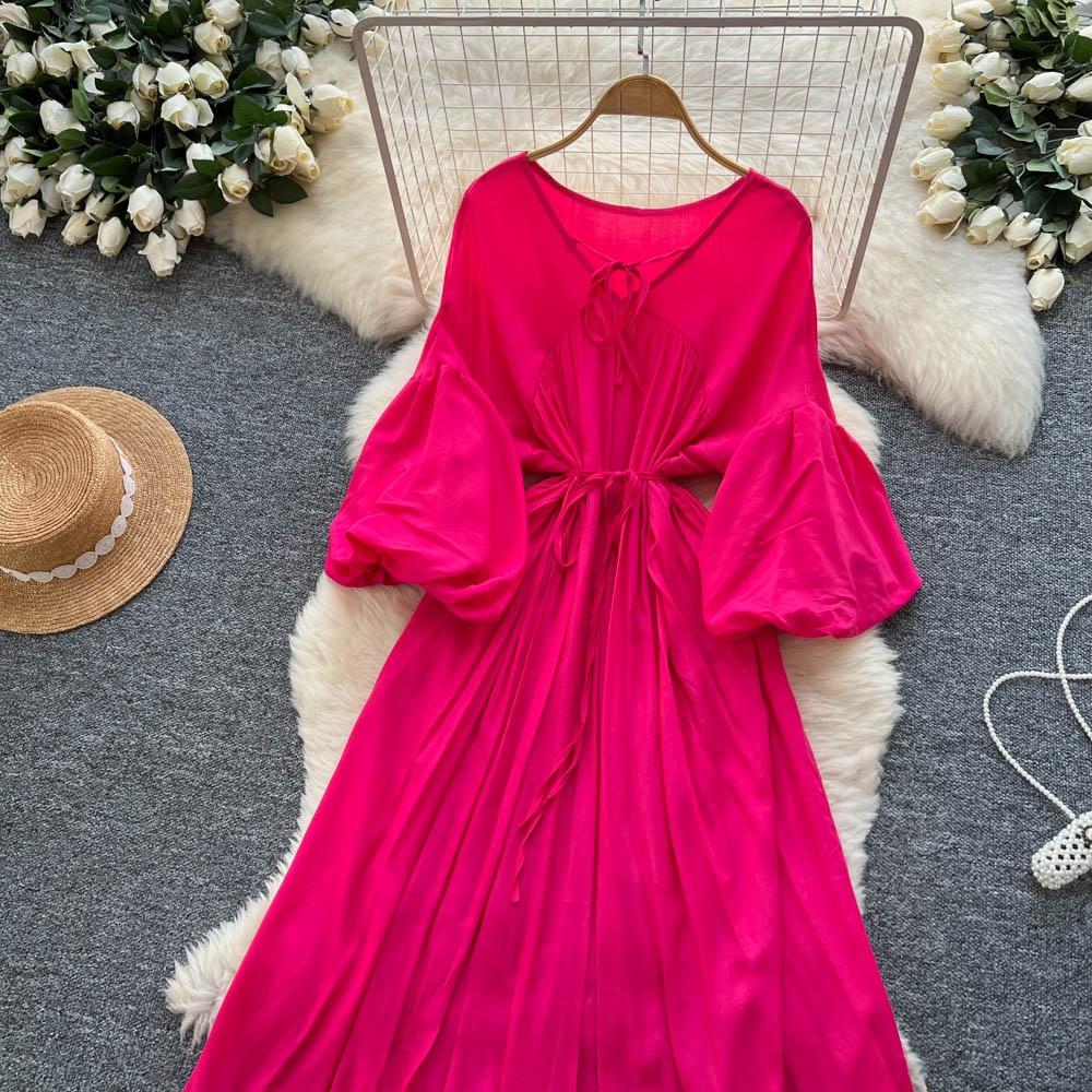 Retro V-Neck S páskem v pase Lucernový rukáv Délka ke kolenům A-Line Midi šaty Korejský Sle Letní Dlouhé šaty pro ženy