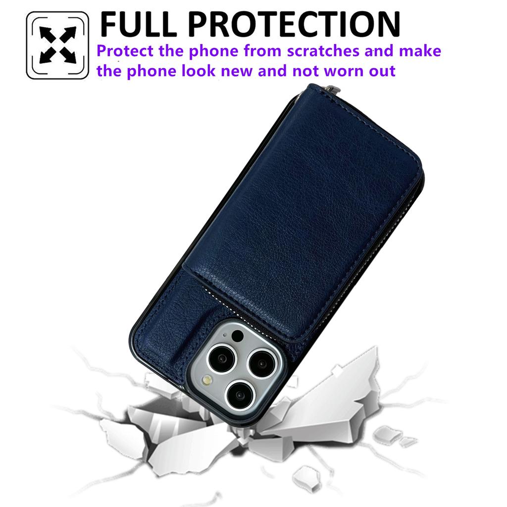 For iPhone 16 Pro Max Case Detachable Zipper Card Bag PU+TPU Kickstand Phone Case with Strap