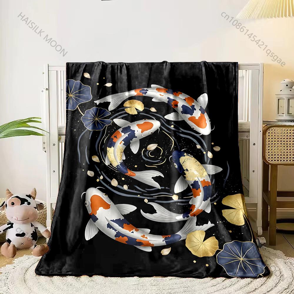 1PC Koi Pair Lotus Stained Glass Print Blanket Flannel Material Soft Warm for All Seasons Home Outdoor Camping Picnics RV