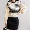 2025 Autumn Black & White Striped Puff Sleeve Sweater Knitwear Top