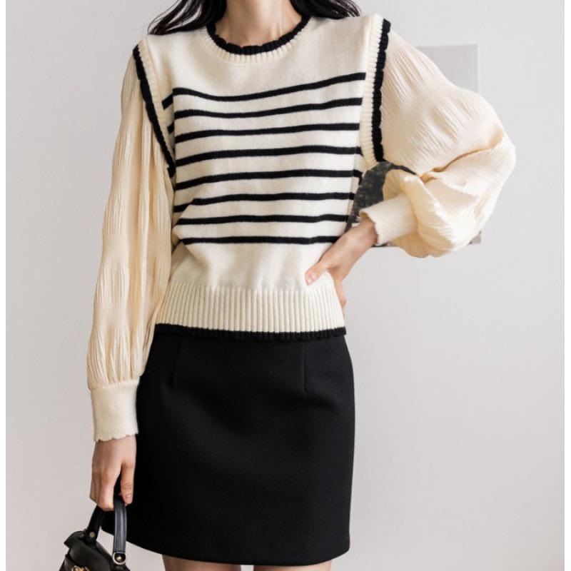 2025 Autumn Black & White Striped Puff Sleeve Sweater Knitwear Top