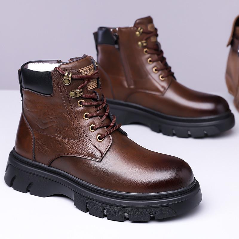 

Martin boots men s winter models fleece thickened warm high-top leather boots retro thick-soled tooling boots 44