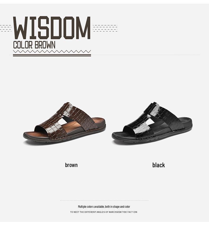 Men's Korean Style Embossed Cowhide Flip-Flops - Crocodile Pattern Single Strap Beach Sandals
