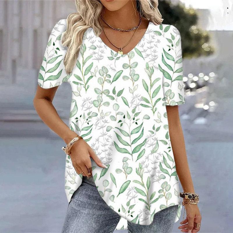 Women Summer V Neck Short Sleeve T Shirt Loose Casual Feminina White T Shirts Female Plus Size Tops 3D Printing Tees T-Shirts