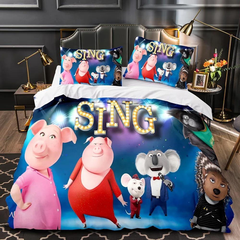 Parure de lit Sing 2 dessin animé Housse de couette taie d'oreiller Film Enfants Adultes 2/3 Pièces Impression 3D Lit Jumeau Full Queen/King Size Cadeau de Chambre 135x200cm (3pcs)