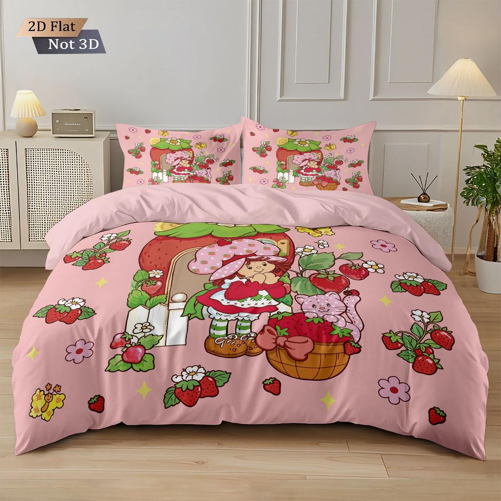 3Pcs Pink Strawberry Cake Girl Print Coreless Duvet Cover Set Multi Size Bedroom Bedding Decoration Comfortable Machine Washable