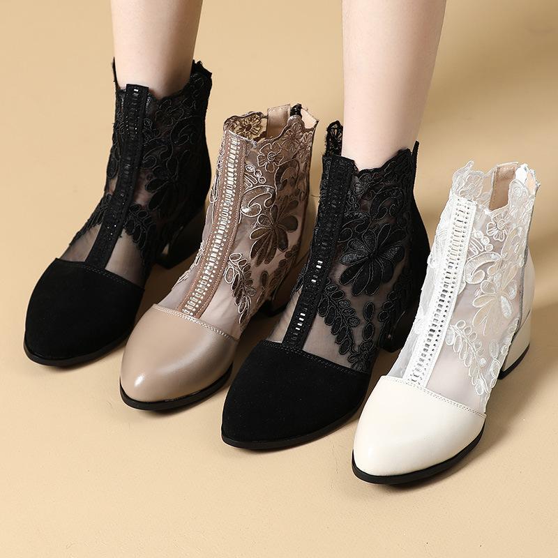 Fashion GKTINOO Women's Shoes Lace Genuine Cow Leather Spring Summer Fashion Boots Thick Heel Round Toe Ankle Boots Shoe Plus Size 35-43