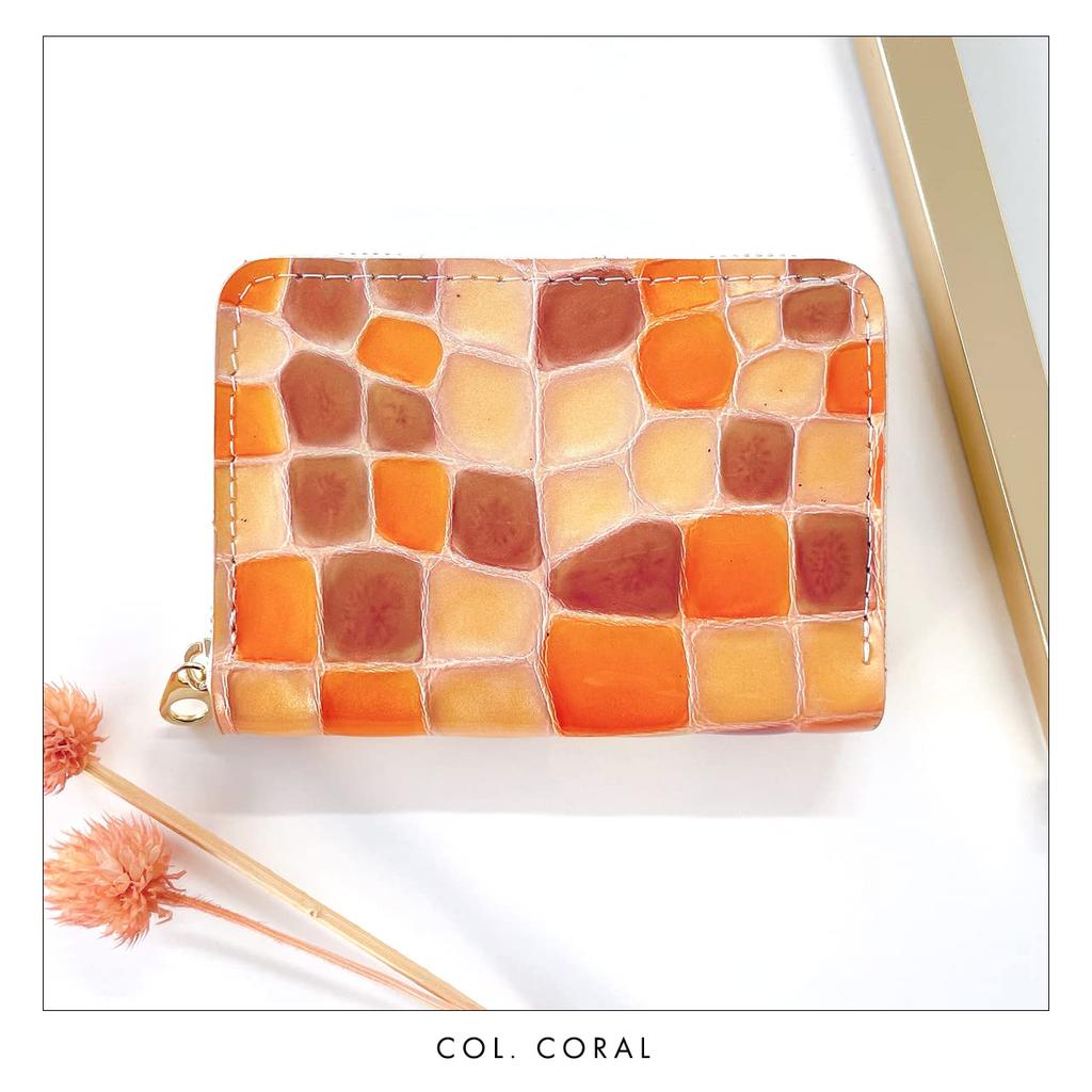 Genuine Leather Mini Wallet, Elegant Stained Glass Leather Compact Wallet with Card Storage, Women's [NB] Bronze