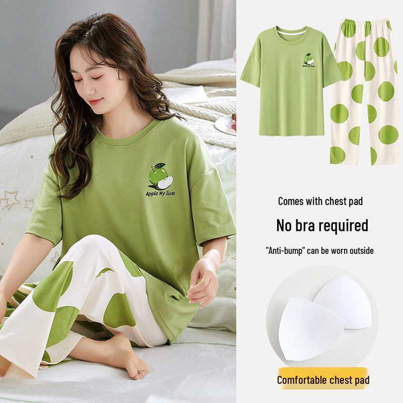 

2025 Women s Summer Cotton Pajamas - Short Sleeve, Long Pants with Bra Pads & Cartoon Design M [80-95 lbs]