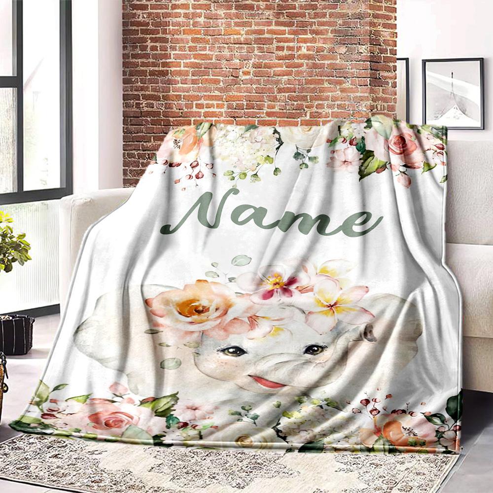 Floral Elephant Personalized Home Customize Your Name Blankets Cozy Soft Lightweight Allseason Multipurpose Blanket For Picnics Sofas Offices Beds