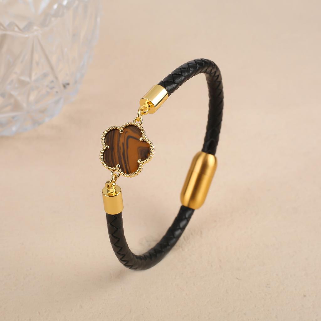 Simple Five-Leaf Flower Leather Braided Bracelet Natural Stones Clover Stainless Steel Bangle For Women Party Daily Wear Jewelry