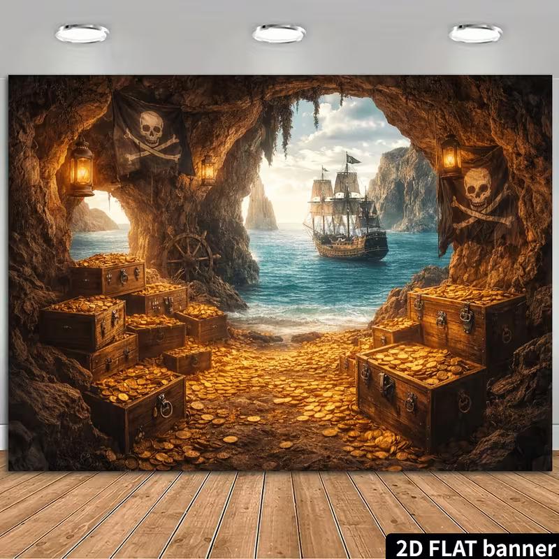 

2D Flat Printing Pirate Backdrop, Gold Coins & Jolly Roger Party Background 47.2x31.5inch/120*80cm