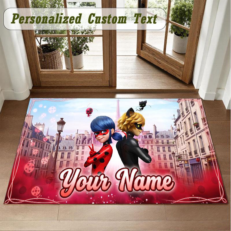 Crystal Velvet Square Rug Custom NameMiraculous Ladybug Pattern Non Slip Home Floor Decor Rug