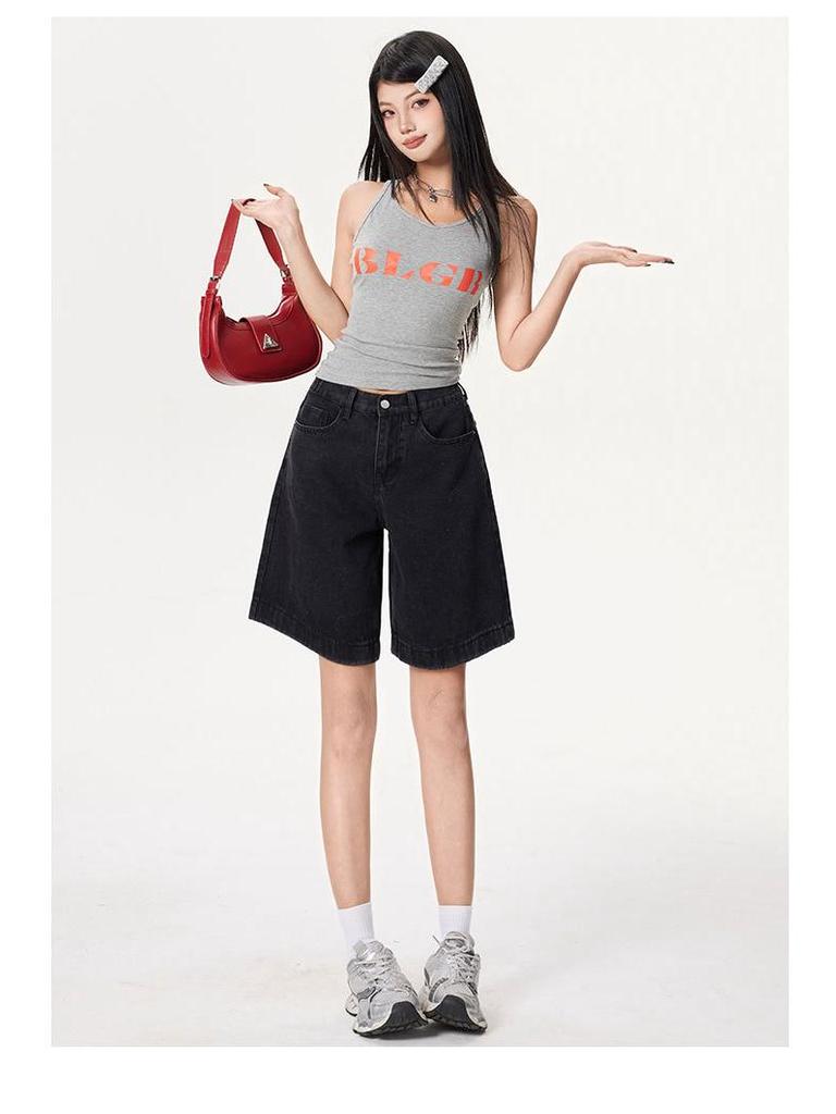 Retro Spicy Girl Elastic Waist Five-Point Denim Shorts – Women's Summer Mid-Length Wide-Leg Pants