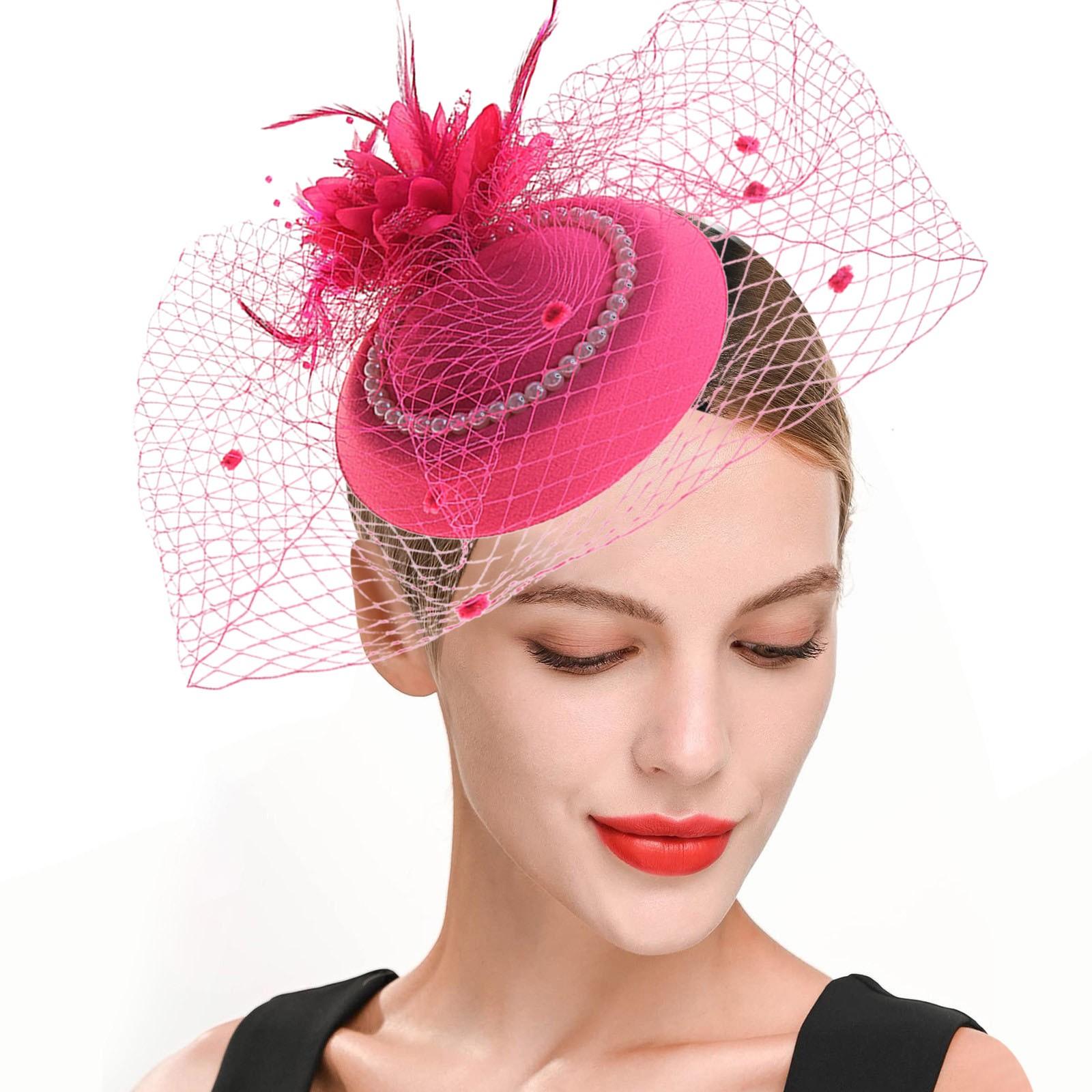 

Женский головной цветок для скачек, сетчатая шляпка-цилиндр с перьями, жемчужные аксессуары для волос, шляпка-фасинатор, шляпка для чаепития, для коктейля One Size