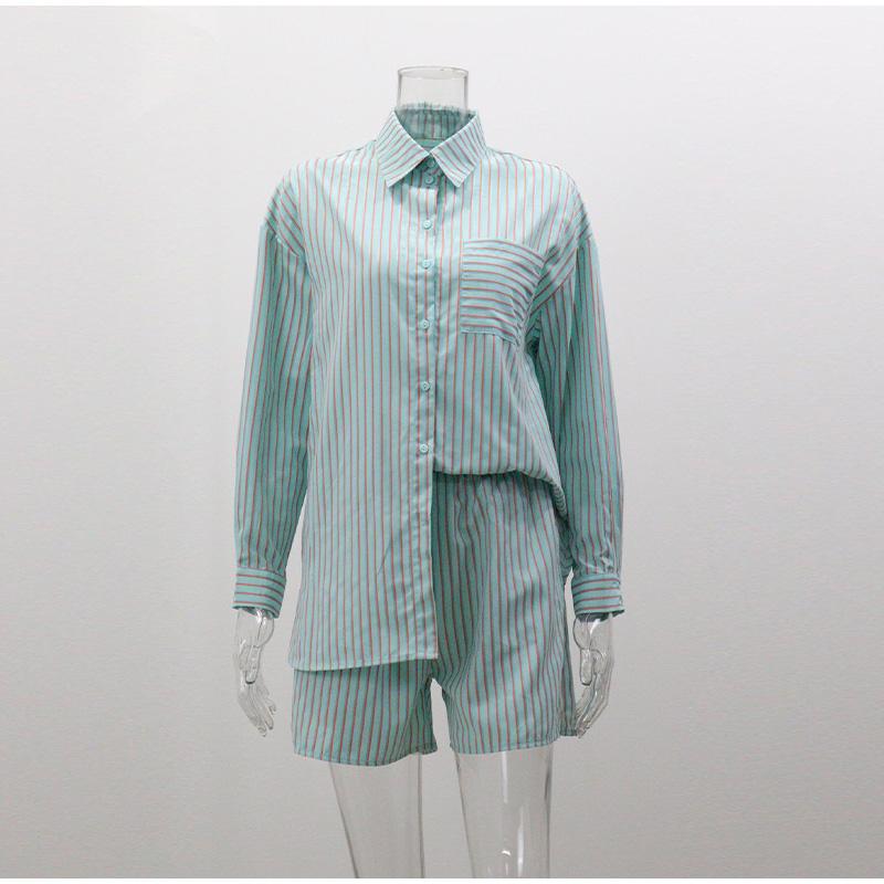 Casual Stripe Women's Suit Laple Single Breasted Pockets Long Sleeve Shirts High Waist Shorts Pants Female Sets Lady Beach Wears