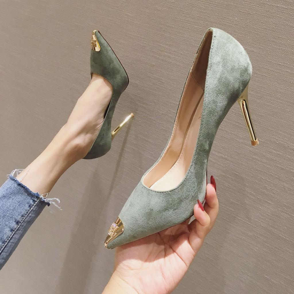 9265 2025 spring new high heels suede pointed head thin heel metal head shallow mouth single shoes super high heel women's shoes