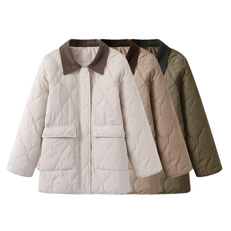 Womens Quilted Color-Block Collar Cotton Puffer Jacket Loose Fit Streetwear Outerwear