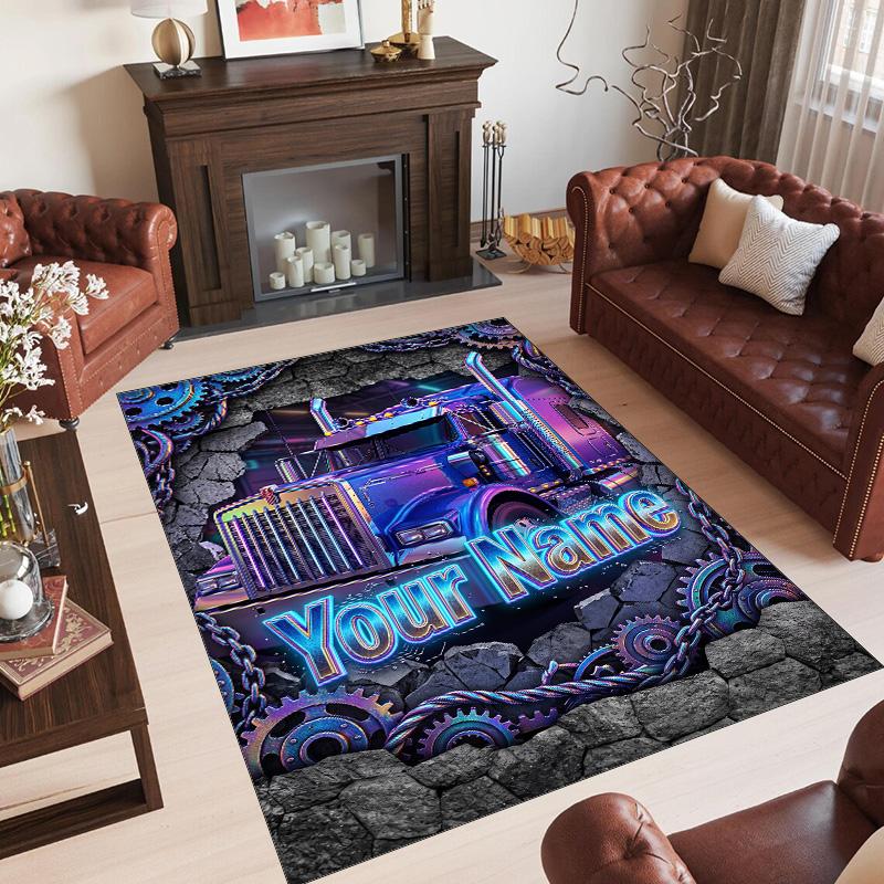 Truck Theme Crystal Velvet Rug Personalized Custom Name Text Soft Floor Mat Home Decor
