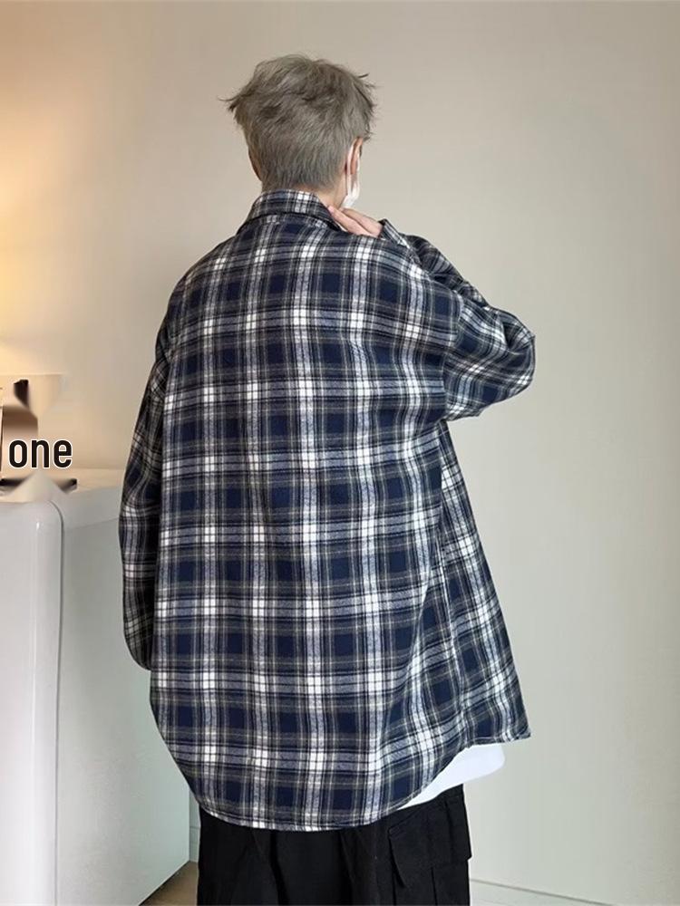 Men's Oversized Black and White Plaid Long-Sleeve Shirt - Trendy Casual for Spring and Autumn