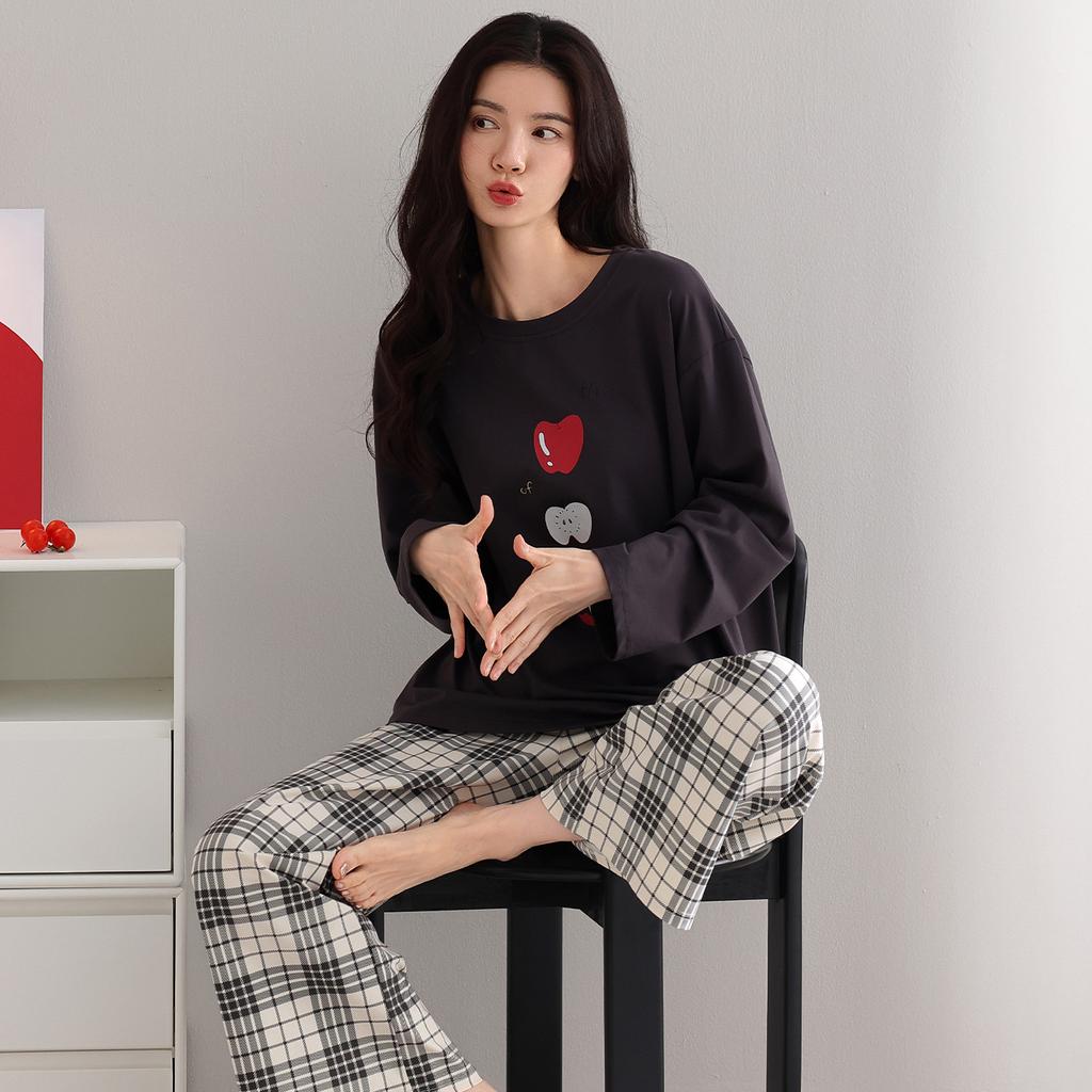 Pajamas Women's Spring and Autumn 1011 New Cotton Long-sleeved Trousers Set Cartoon Cute Plaid Casual Loungewear