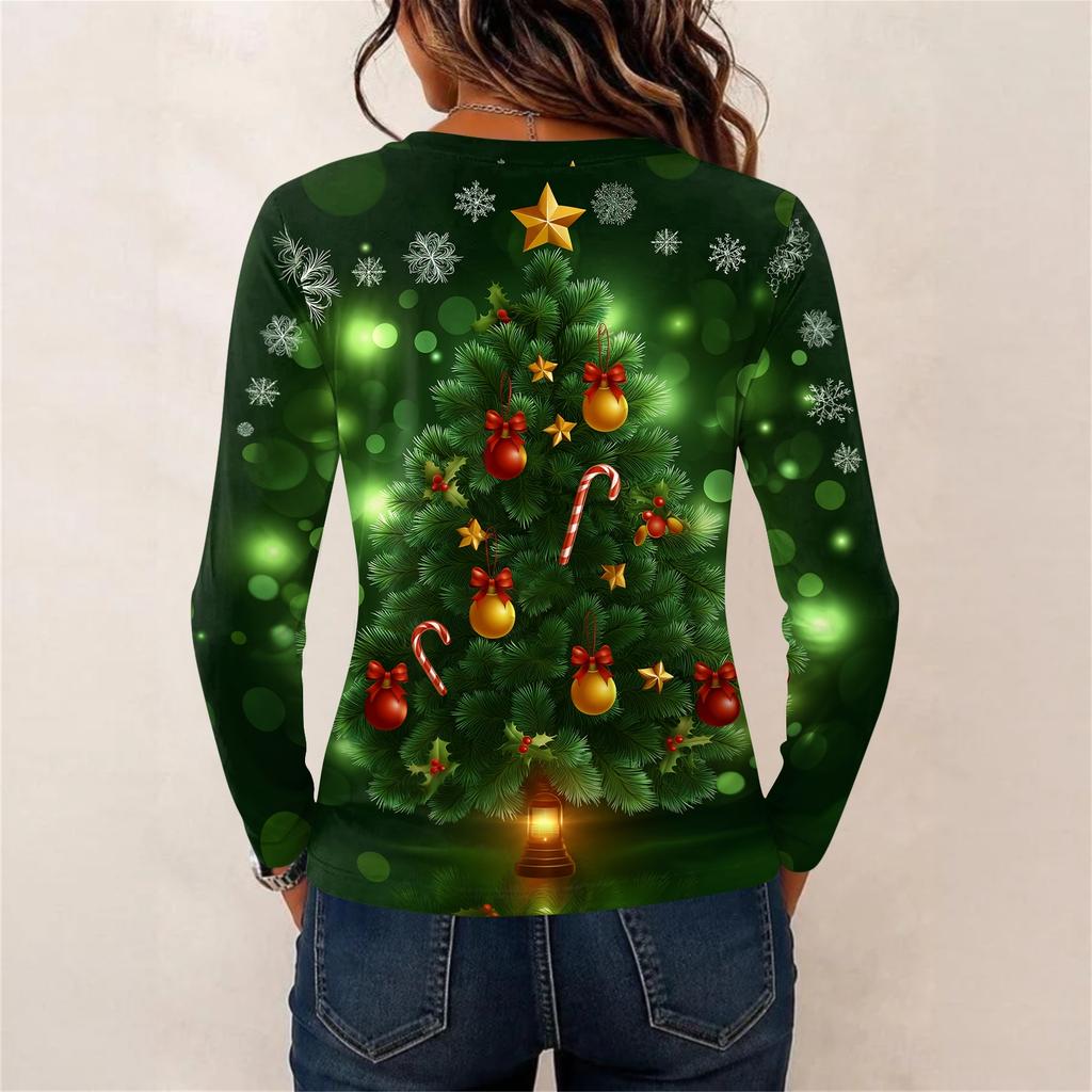 Women's Christmas Print Long Sleeve Neck Pullover Top