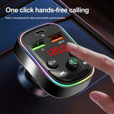 Car Bluetooth 5.0 FM Transmitter Dual USB PD Fast Charger Colorful Lights Wireless Handsfree Audio Receiver MP3 Player Car Kit