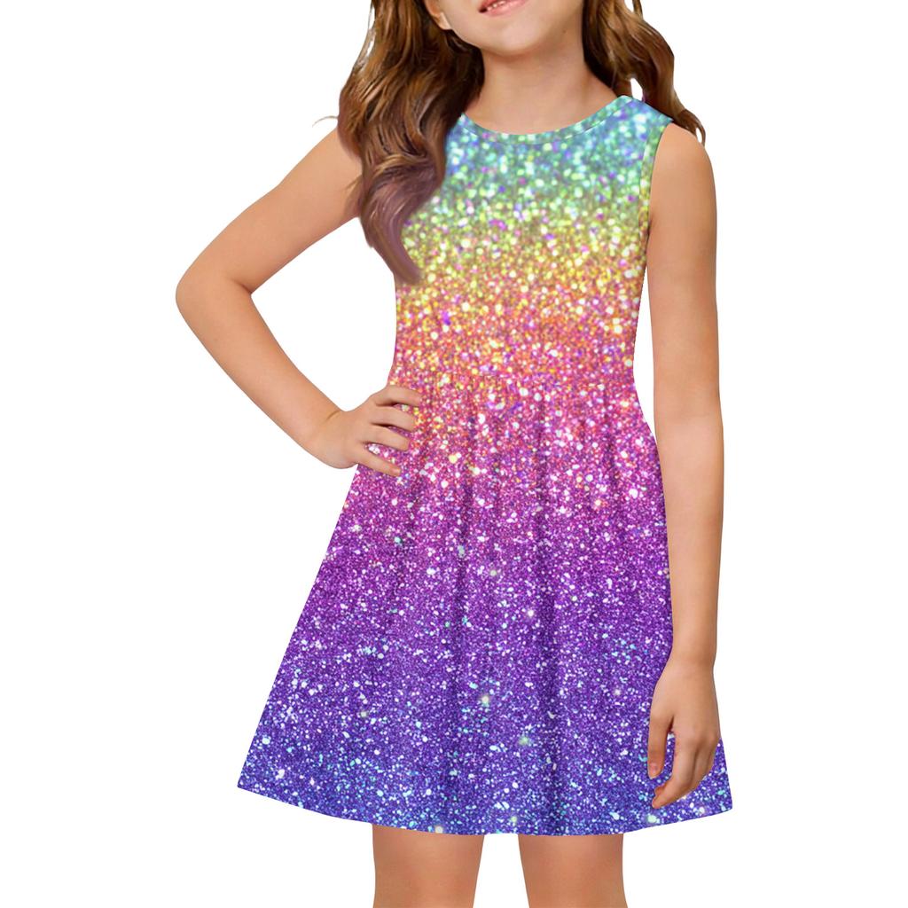 Girls sleeveless print dress with round neck and flared A line skirt casual kids summer outfit