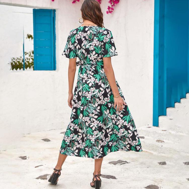 Women Summer High Waist A Line Dress Ethnic Printed Short Sleeve Lace Up