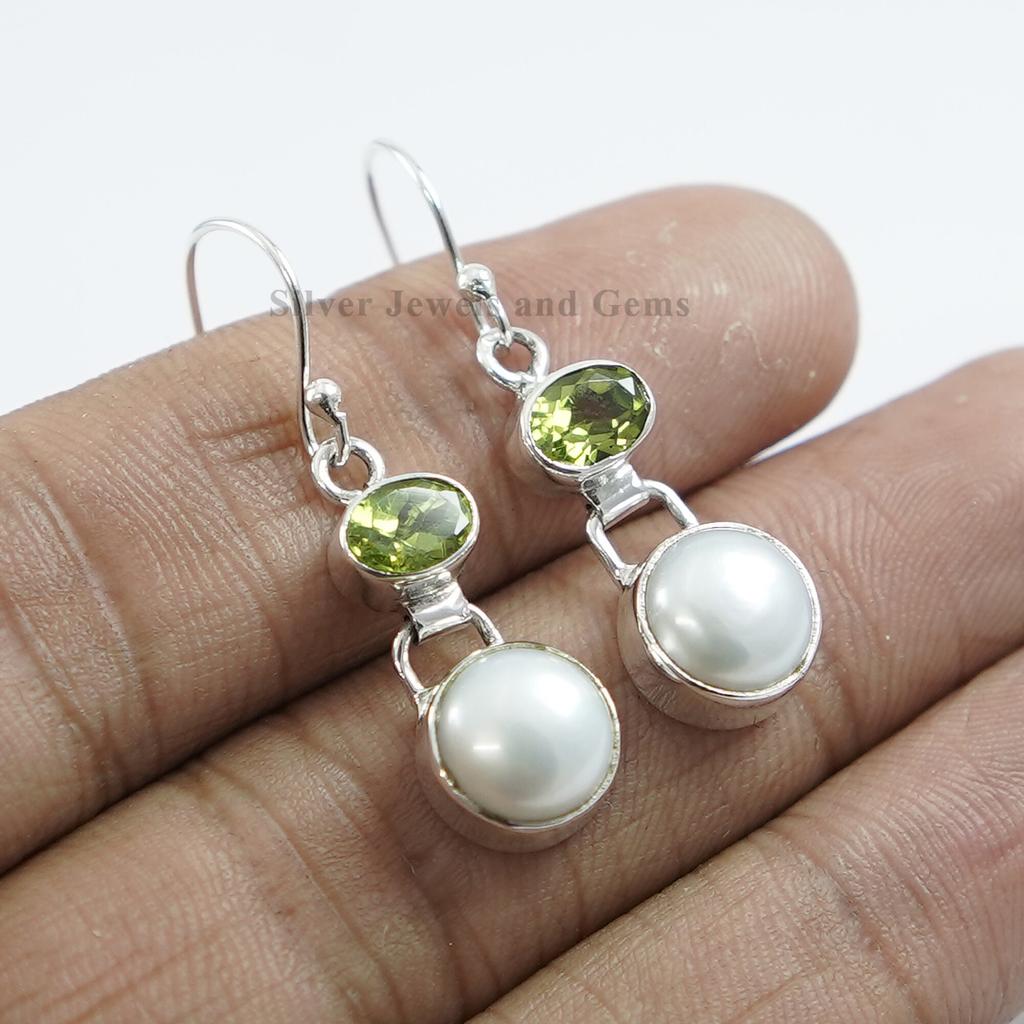 Natural Pearl and Peridot Earring, Handmade Earrings, 925 Sterling Silver Round Fresh Water Pearl Earrings, Gift for Mom, Peridot Earring