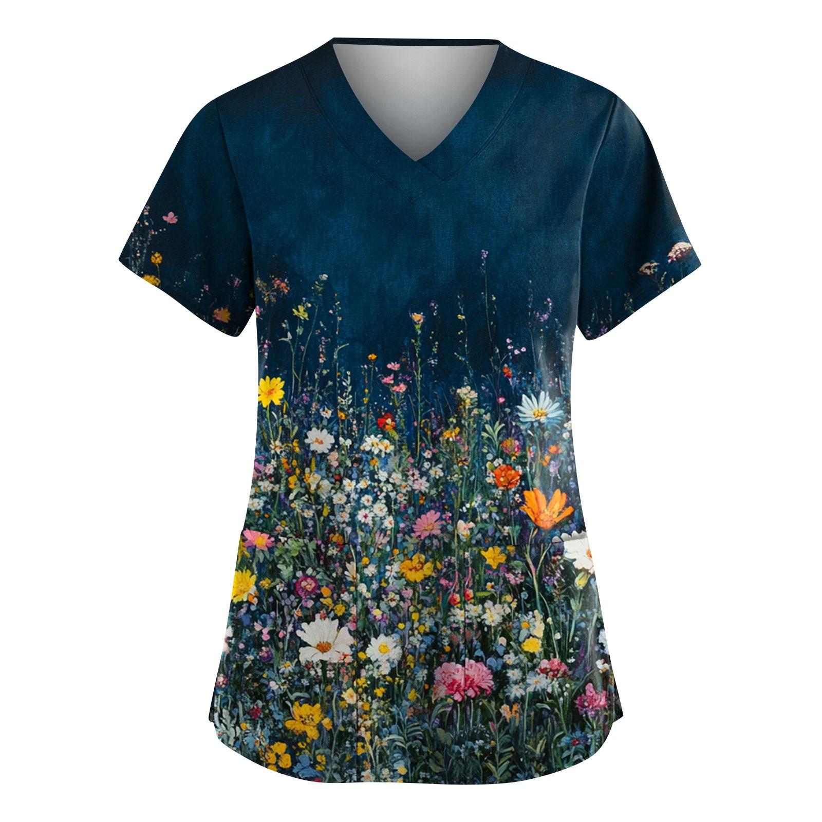 

Женская мода с коротким рукавом, мода, винтажный цветочный принт, V-образный вырез, карман, рабочая одежда, топы XXXXXL