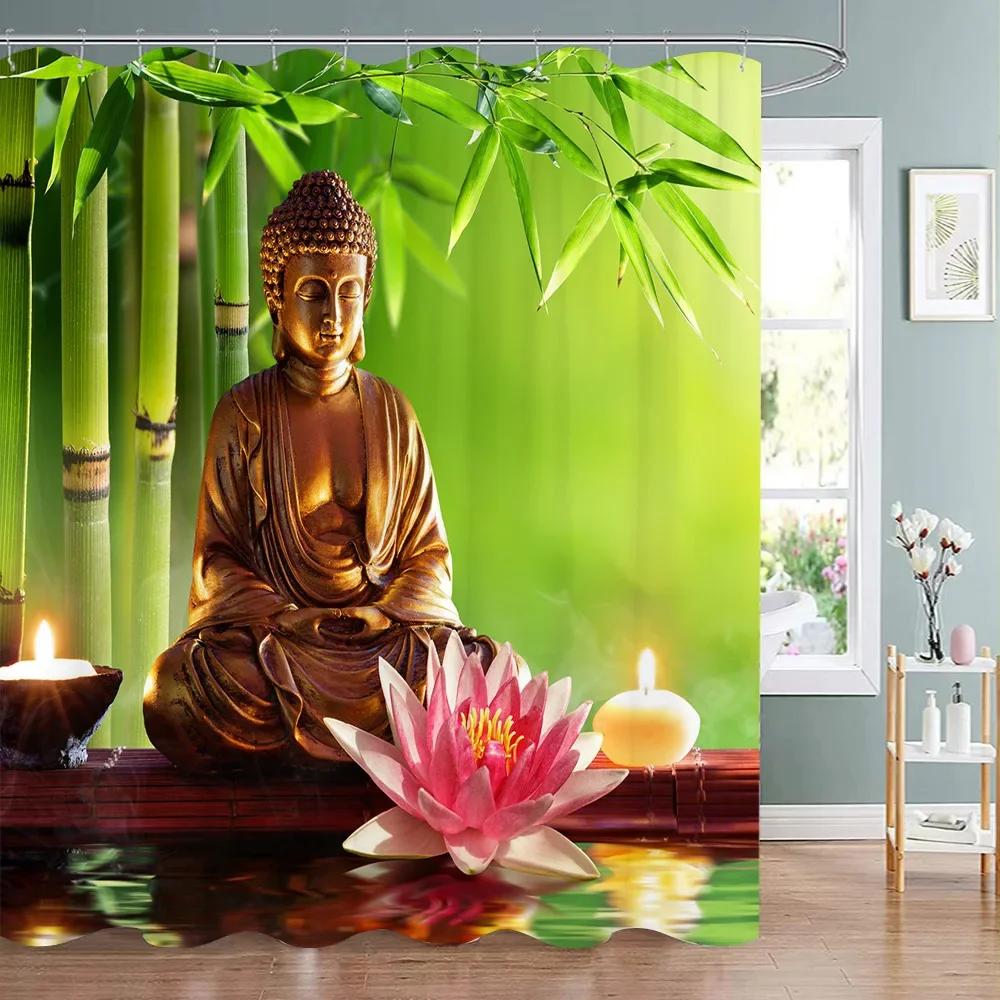 Tenda Doccia Zen Paesaggio di Loto Tenda Doccia Meditazione Pietre Zen Bambù Verde Fiore Pianta Tende Doccia Arredo Bagno