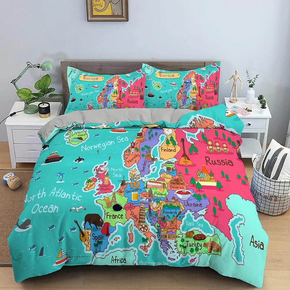 Map Pattern Bedding Set Luxury Cozy Duvet Cover Set For Bedroom Decor King Queen Full Quilt Cover Pillowcase Bedclothes 2/3Pcs