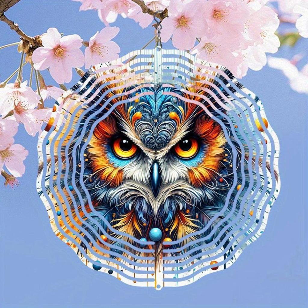 Hand Painted 2D Owl Wind Chime Metal Outdoor Hanging Decor for Garden Patio Balcony Weather Resistant Vibrant Colors Intricate Feather Design