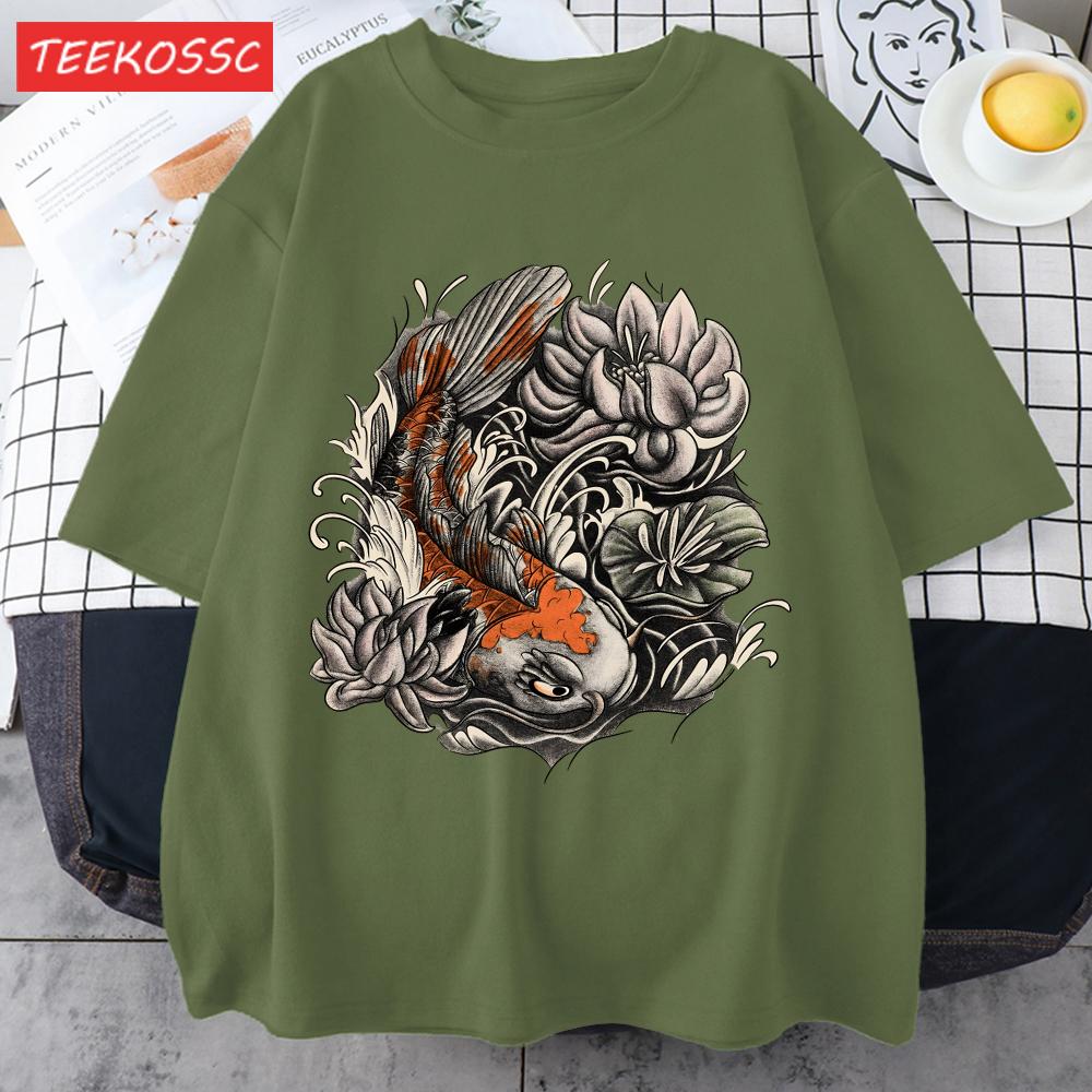 Japanese Harajuku Lotus Koi Print Men T Shirts AllMatch Cotton TShirt Casual Crewneck Loose Streetwear Man Summer Basics Top
